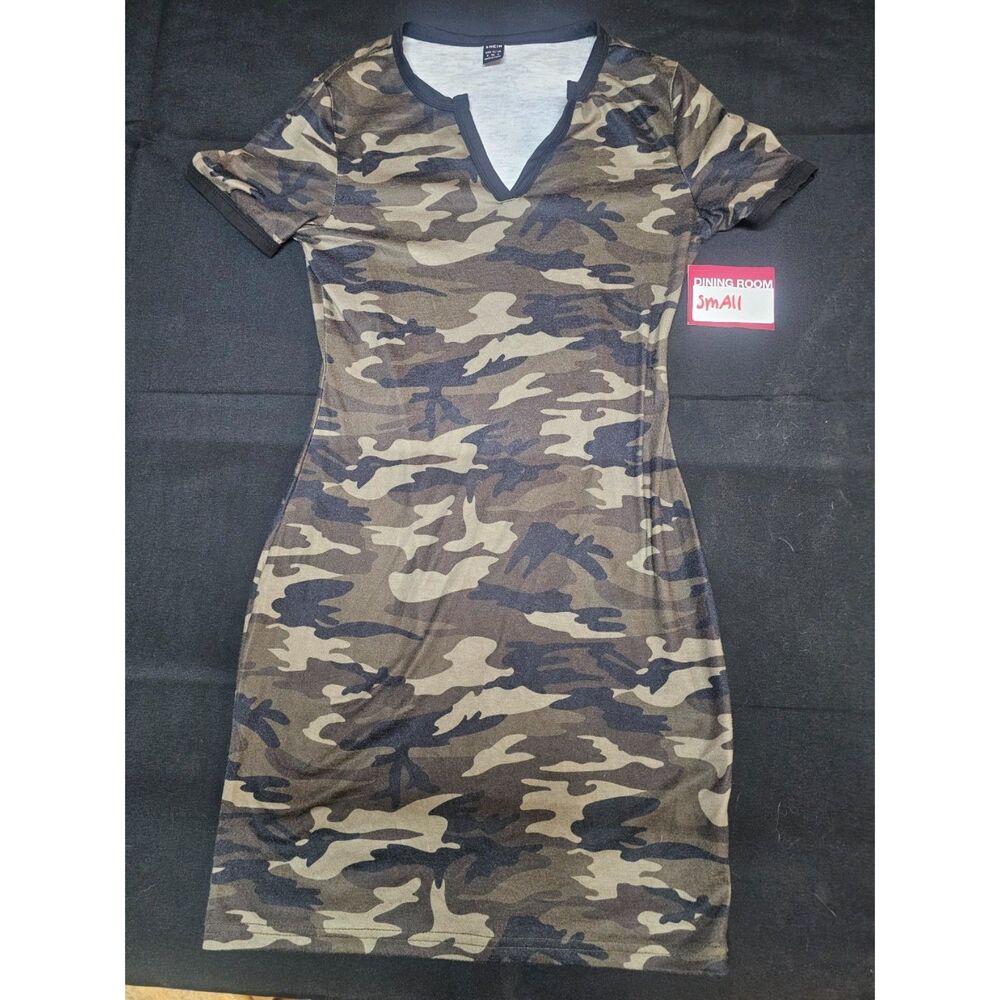 SHEIN Camo Short Sleeve Notch Neck Bodycon Mini Dress (Size Small)
